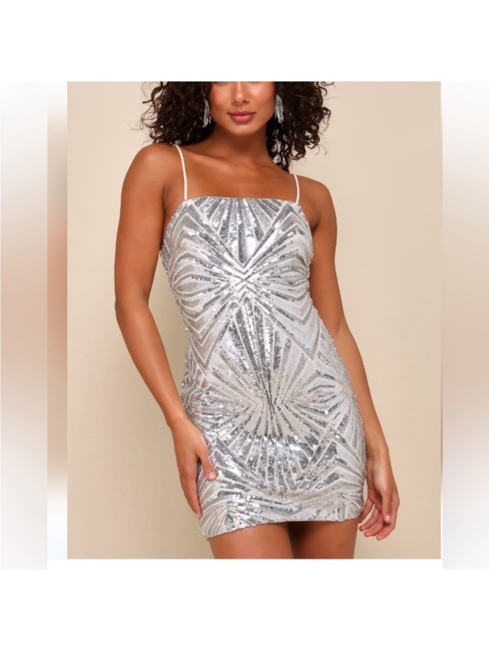 Lulu's Silver Sequined Spaghetti Strap Mini Dress